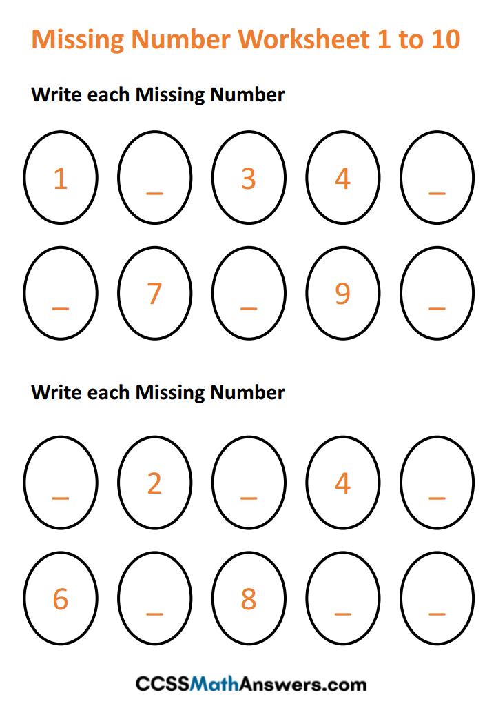 Worksheet On Missing Number 1 To 10 Fill In The Missing Number Worksheets CCSS Math Answers