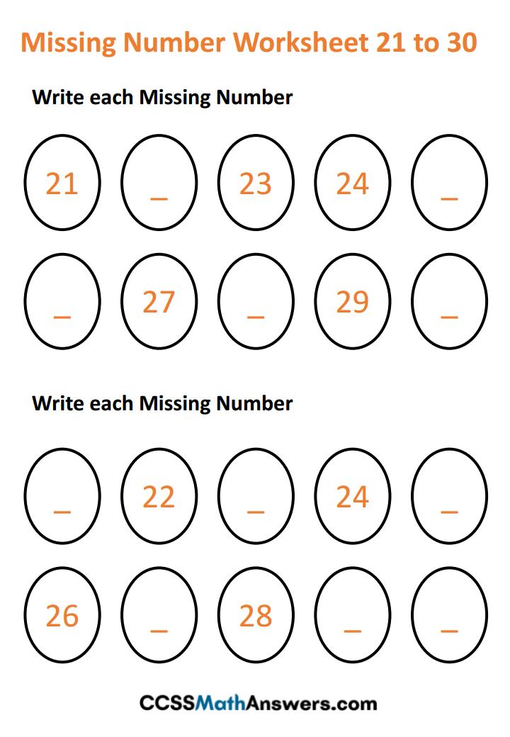 Missing Numbers Worksheet 21 to 30