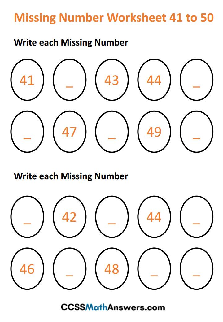Missing Numbers Worksheet 41 to 50