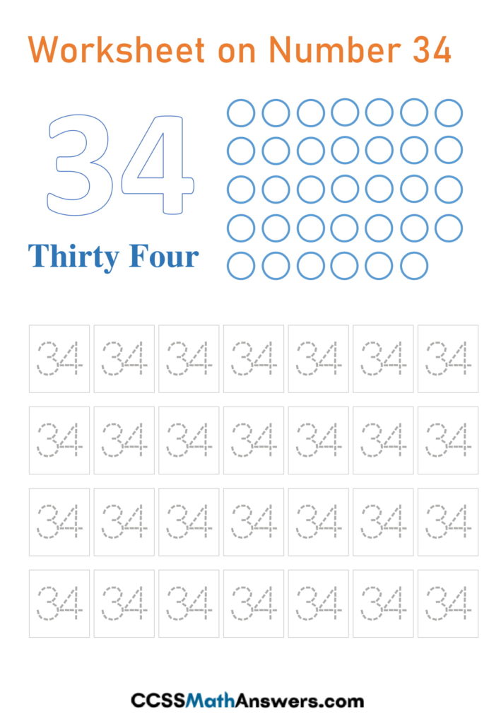 Worksheet on Number 34 | Writing, Counting, Tracing Number 34 Math