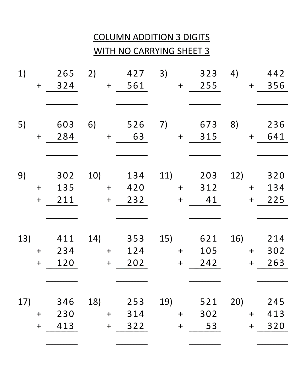 Third Grade Addition Worksheets Grade 3 Math Add Two 3 Digit Numbers In Columns No Regrouping