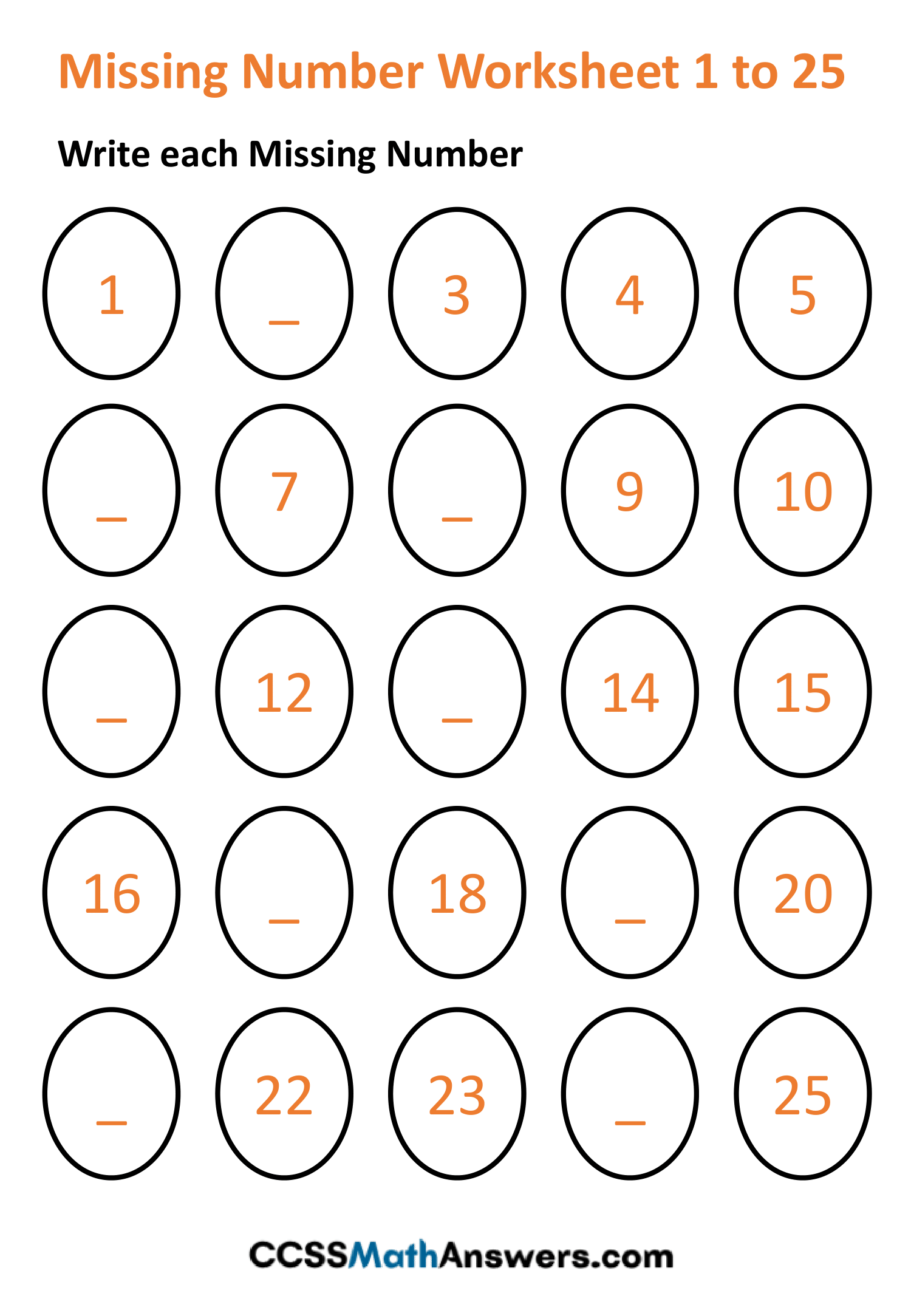 Fill in Missing Number Worksheet 1 to 25