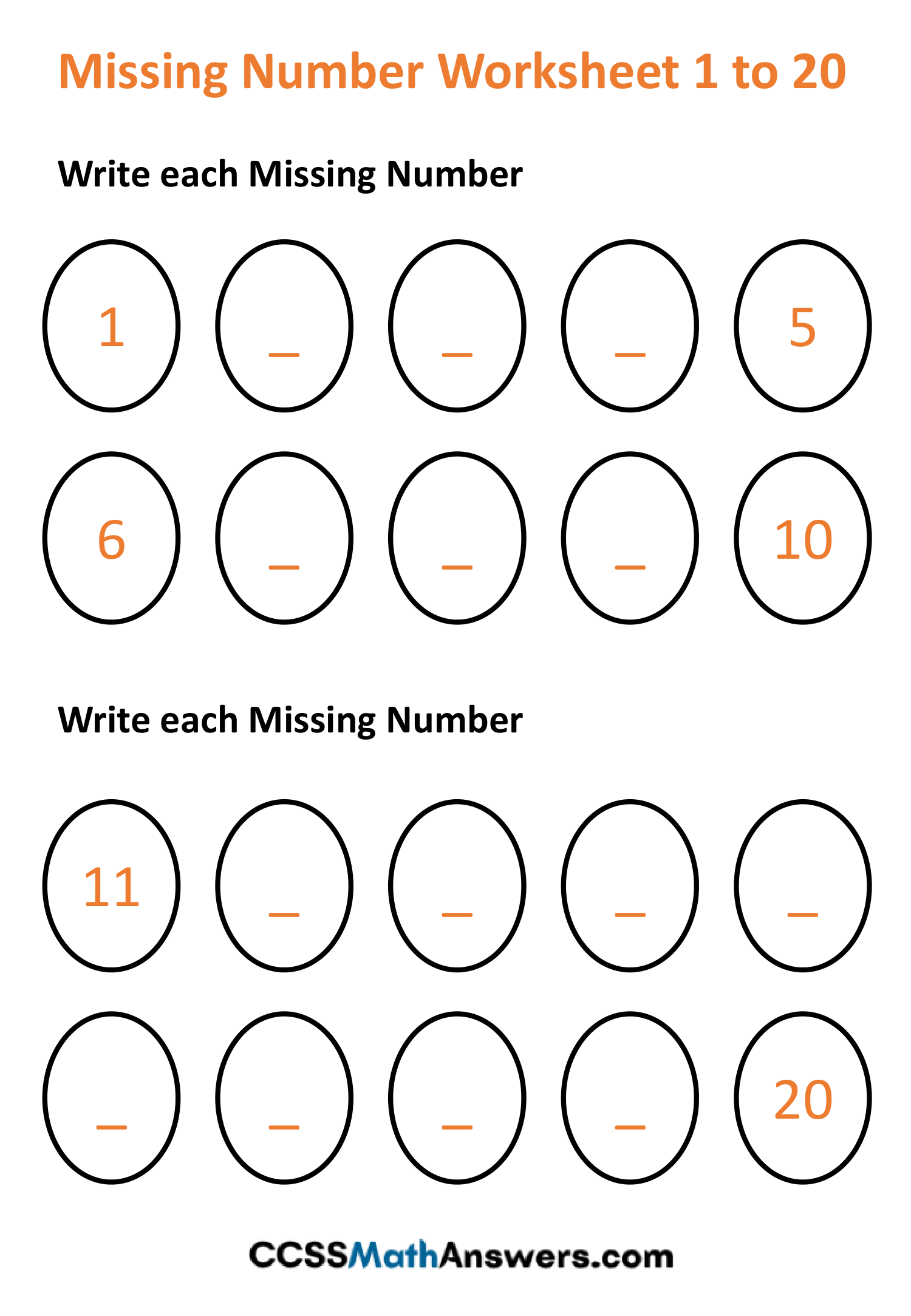 Fill in the Missing Number Worksheet 1 to 20