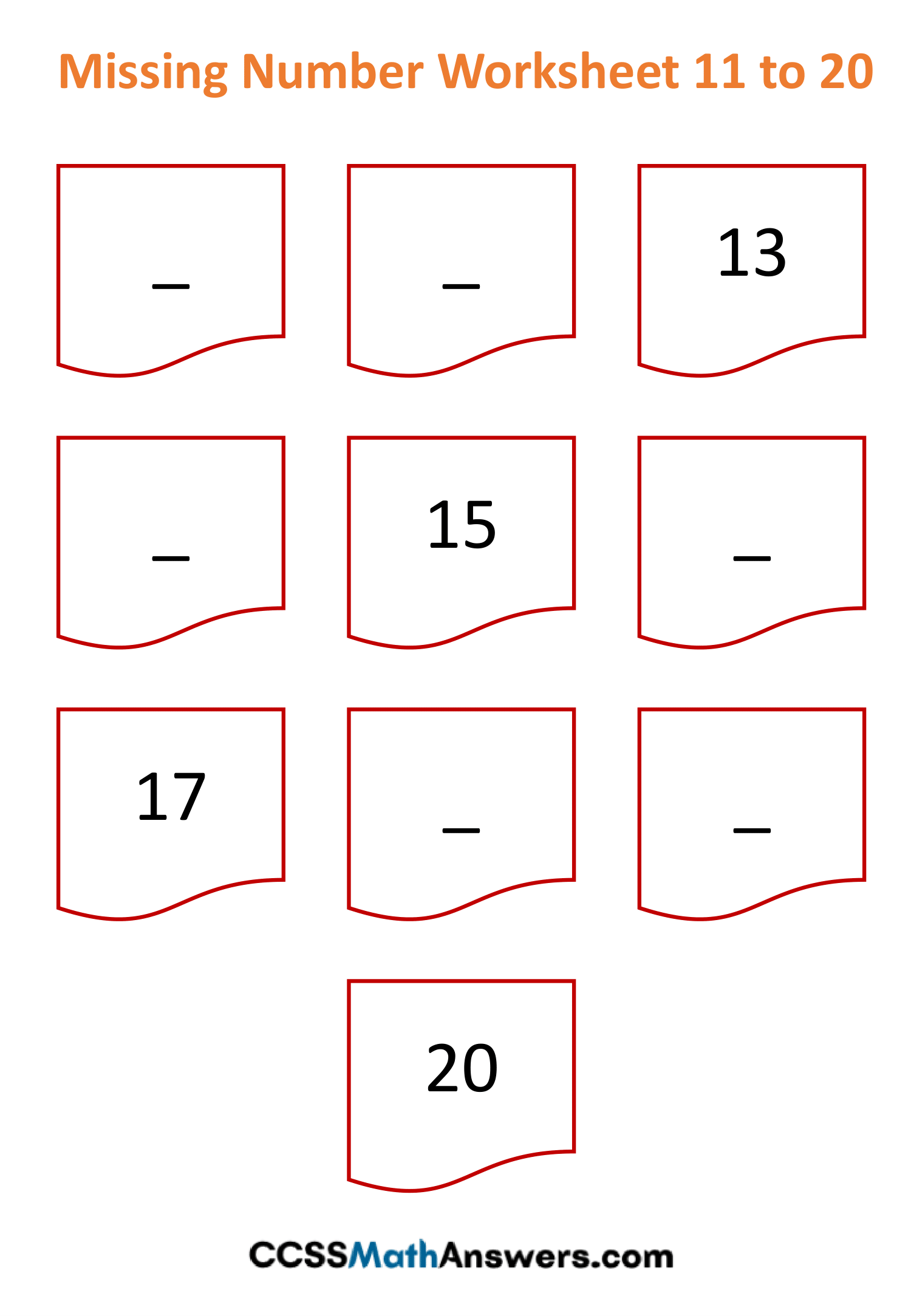 Fill in the Missing Number Worksheets 1 to 20