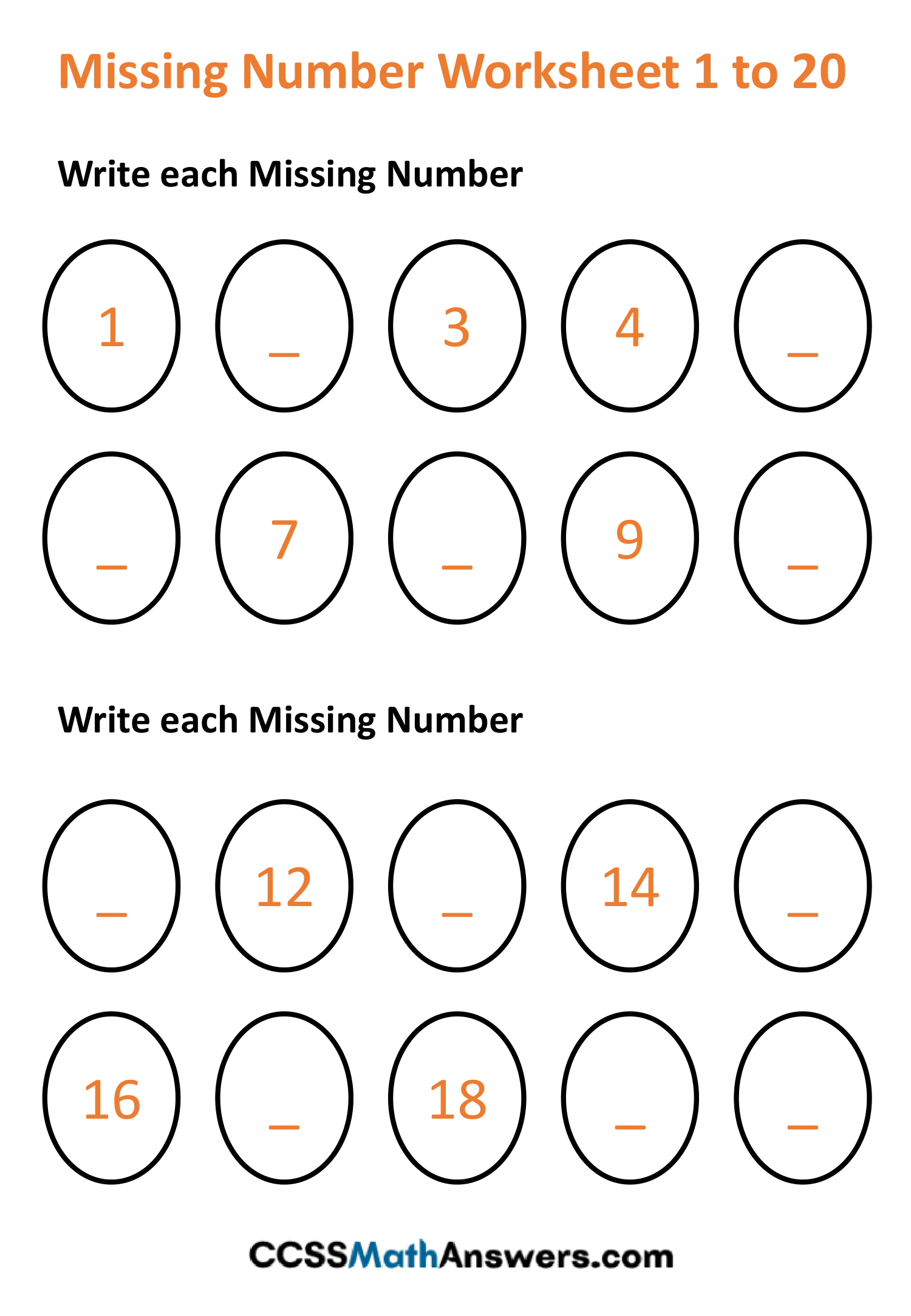 Missing Number Worksheet 1 to 20