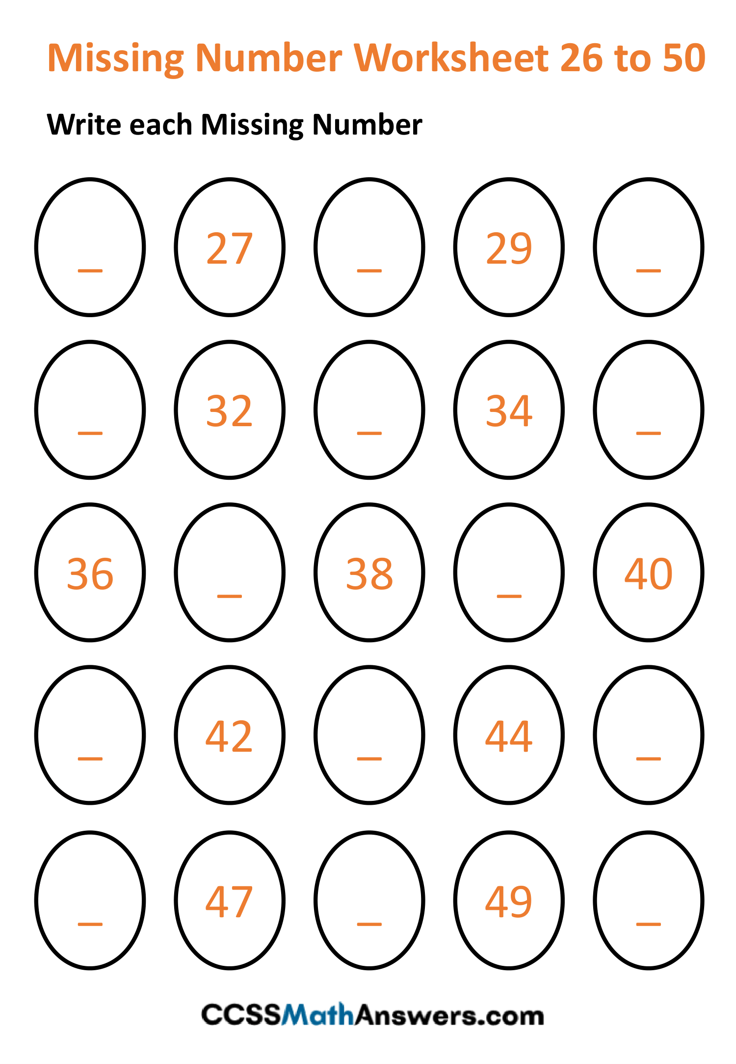 Missing Number Worksheet 1 To 50 CCSS Math Answers