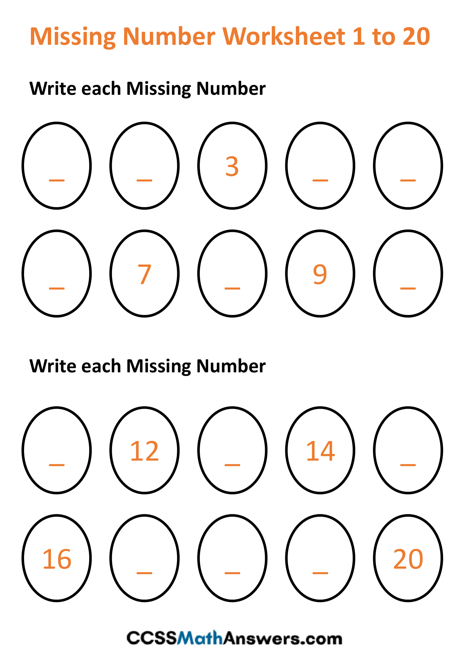 Missing Number Worksheets 1 to 20