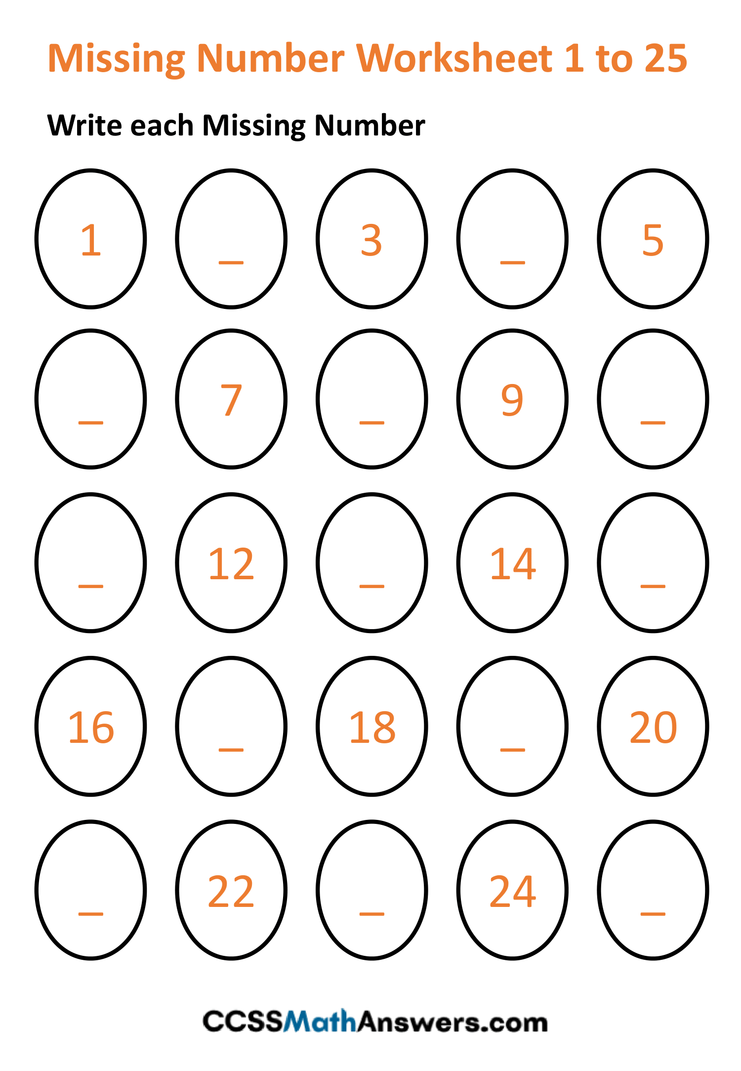 Missing Number Worksheets 1 to 25