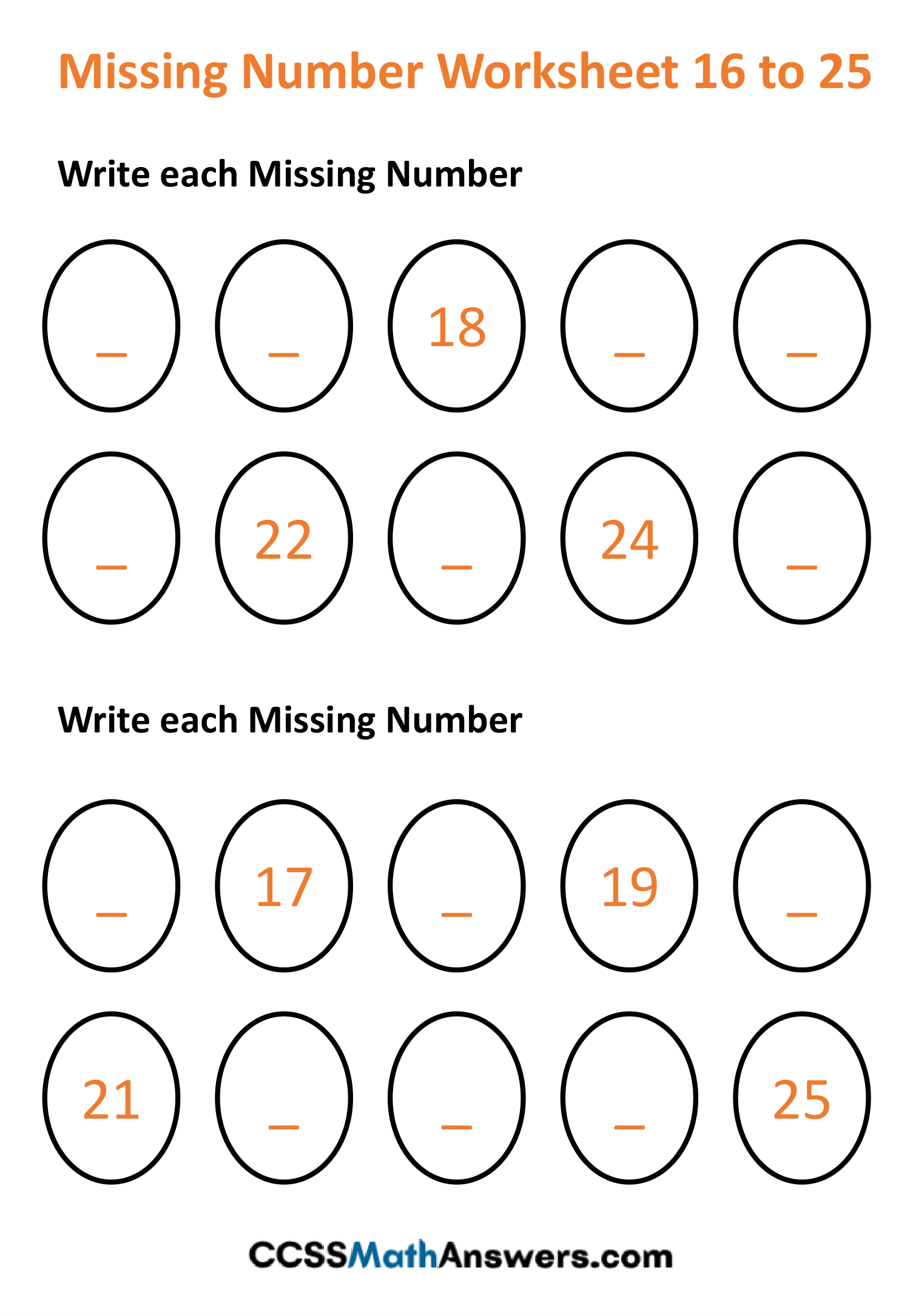 Missing Number Worksheets 16 to 25